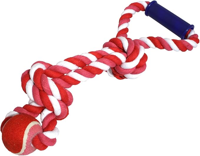 Red Rope with Tennis Ball & Tug Twin Loop Dog Toy for medium & large dogs. Strong, durable chew toy with dual handles for better grip—great for tug, fetch, interactive play, and training fun.