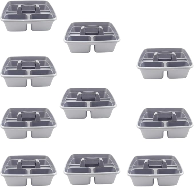 Silver color Caddy Tray – 12" x 15" 3 Compartment Polypropylene Carrying Container with Handle – Cleaning Tool Storage Caddy – Colour Coded – For Home Garden Equestrian