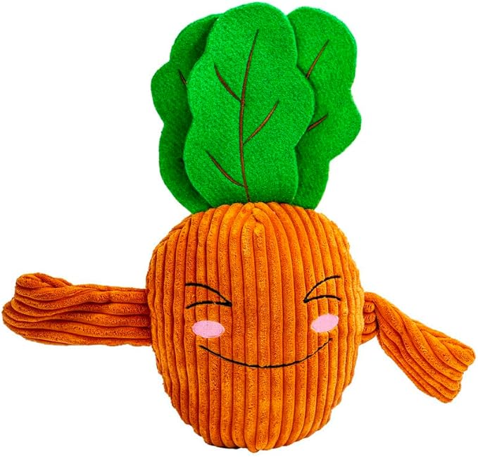 Large Veggie Plush Dog Toy – Soft Squeaky Cord & Fluffy Pet Toy – Vibrant Orange, Yellow & Purple – Sensory Chew Companion for Small to Large Dogs