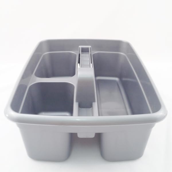 Silver color Caddy Tray – 12" x 15" 3 Compartment Polypropylene Carrying Container with Handle – Cleaning Tool Storage Caddy – Colour Coded – For Home Garden Equestrian