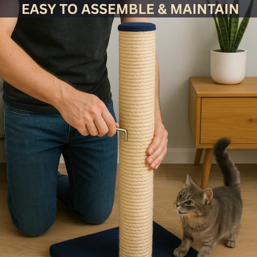 Blue Color Extra Tall Cat Scratcher Post 64cm –Durable Navy Blue Sisal Pole for Indoor Cats –Stable Anti-Tip Base – Encourages Healthy Scratching-Stylish & Functional Design for Kittens & Adult Cats–Single Pack