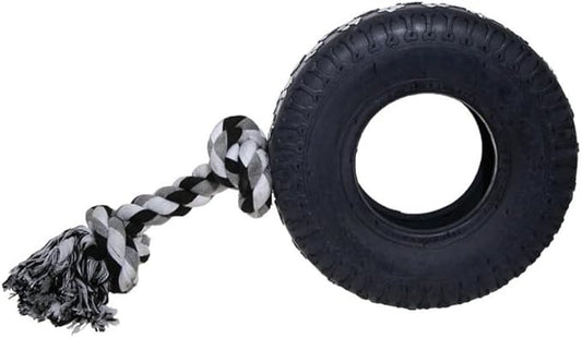 Tuff Tyre Dog Toy with Rope – Tough Durable Natural Rubber Chew Toy for Small Dogs & Puppies – Ideal for Tug, Throw & Fetch Games – Dental Care Teething Toy for Aggressive Chewers - 14.5cm