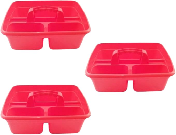 Red Color Caddy Tray – 12" x 15" 3 Compartment Polypropylene Carrying Container with Handle – Cleaning Tool Storage Caddy – Colour Coded – For Home Garden Equestrian