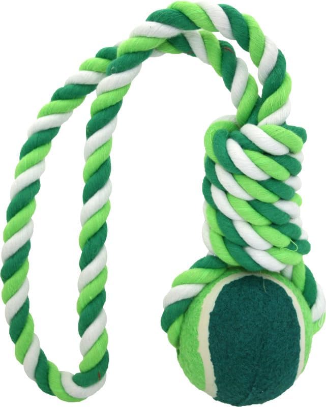 Rope with Large Tennis Ball Dog Toy – 40cm Interactive Tug and Fetch Companion – Green Textured Chew Toy for Dogs – Durable, Lightweight & Easy to Grip – Perfect for Active Play – Single Pack
