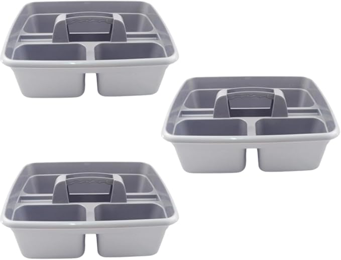 Silver color Caddy Tray – 12" x 15" 3 Compartment Polypropylene Carrying Container with Handle – Cleaning Tool Storage Caddy – Colour Coded – For Home Garden Equestrian