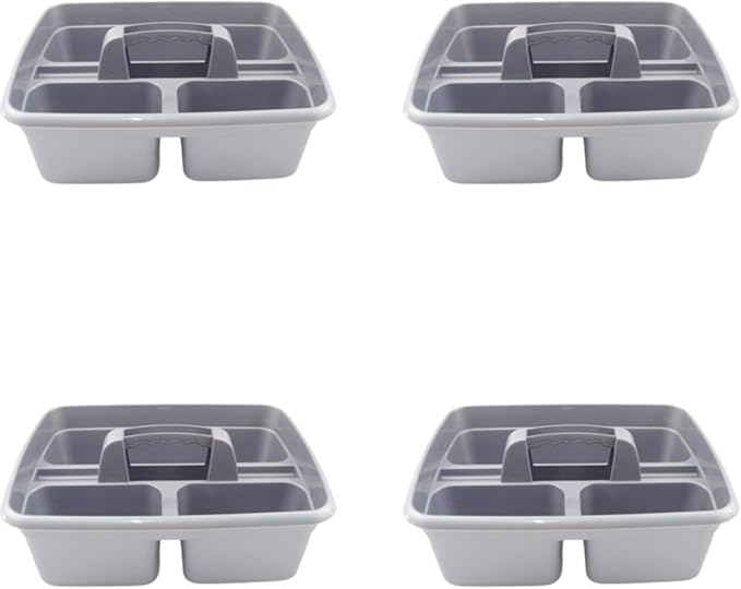 Silver color Caddy Tray – 12" x 15" 3 Compartment Polypropylene Carrying Container with Handle – Cleaning Tool Storage Caddy – Colour Coded – For Home Garden Equestrian