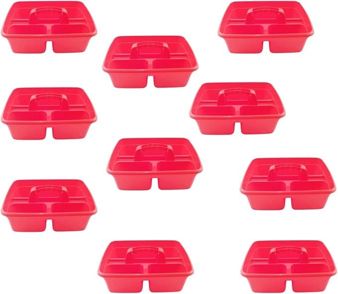 Red Color Caddy Tray – 12" x 15" 3 Compartment Polypropylene Carrying Container with Handle – Cleaning Tool Storage Caddy – Colour Coded – For Home Garden Equestrian