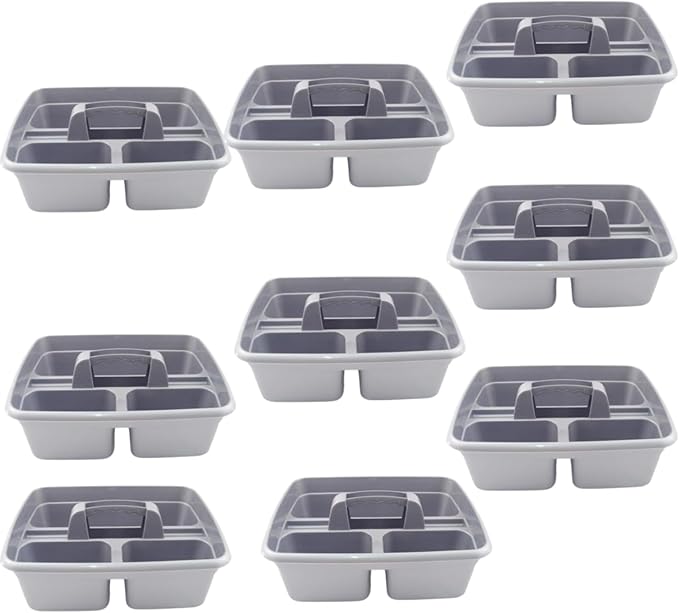 Silver color Caddy Tray – 12" x 15" 3 Compartment Polypropylene Carrying Container with Handle – Cleaning Tool Storage Caddy – Colour Coded – For Home Garden Equestrian