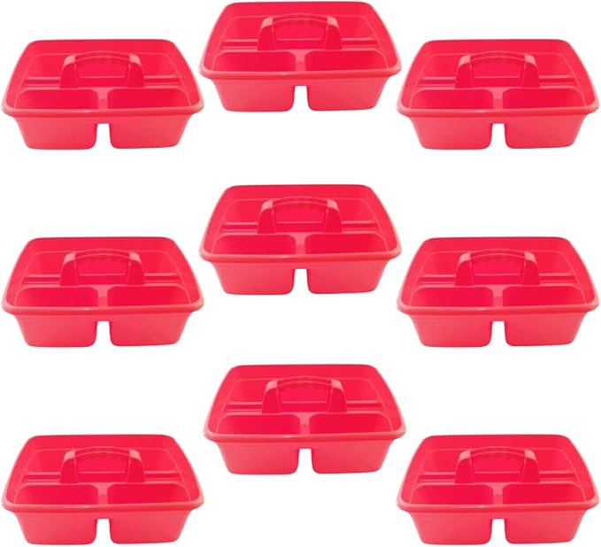 Red Color Caddy Tray – 12" x 15" 3 Compartment Polypropylene Carrying Container with Handle – Cleaning Tool Storage Caddy – Colour Coded – For Home Garden Equestrian