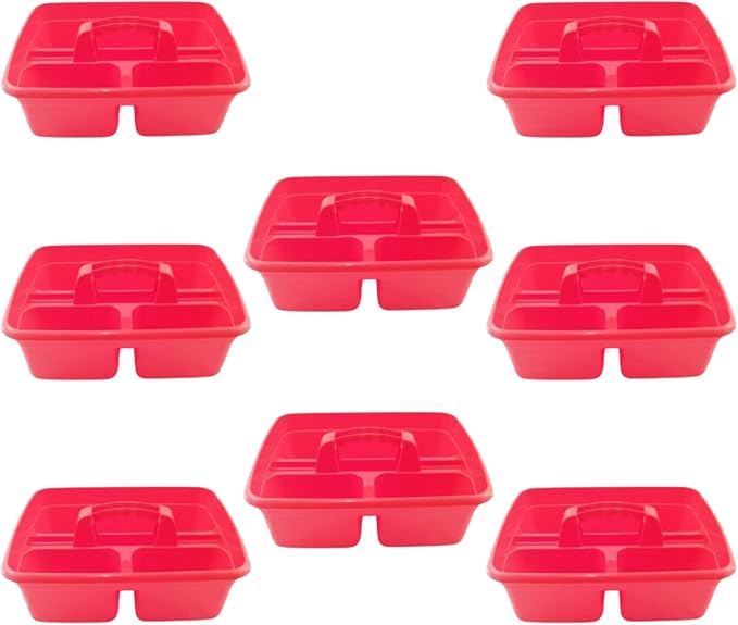 Red Color Caddy Tray – 12" x 15" 3 Compartment Polypropylene Carrying Container with Handle – Cleaning Tool Storage Caddy – Colour Coded – For Home Garden Equestrian