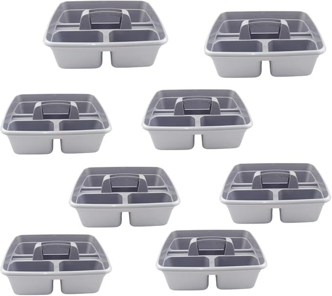Silver color Caddy Tray – 12" x 15" 3 Compartment Polypropylene Carrying Container with Handle – Cleaning Tool Storage Caddy – Colour Coded – For Home Garden Equestrian