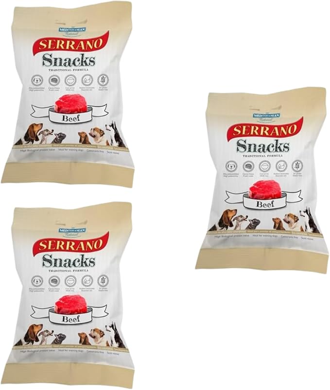 Serrano Soft Snack Dog Treats Mixed Flavours Chicken-Ham-Beef-Liver Rich in Protein Low Fat Easy to Digest Enriched with Nutrients Ideal for All Breeds Training Reward or Daily Treat Beef