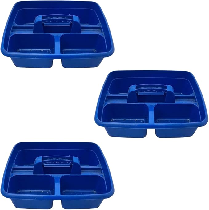 Blue Color Caddy Tray – 12" x 15" 3 Compartment Polypropylene Carrying Container with Handle – Cleaning Tool Storage Caddy – Colour Coded – For Home Garden Equestrian