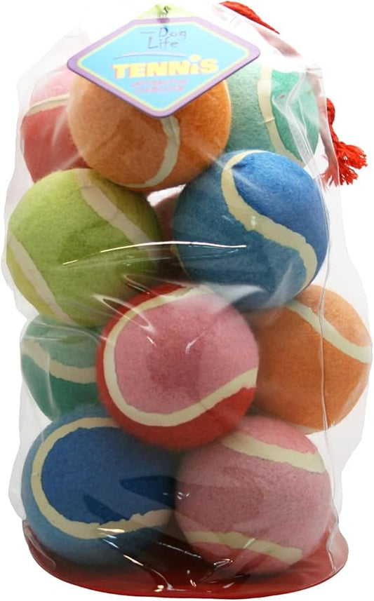 Dog Pack of 12 Tennis Balls with reusable duffle bag—durable, chew-resistant, and gentle on teeth. Perfect for dogs for fetch, training, and outdoor play. Easy to store and carry anywhere-12-pack