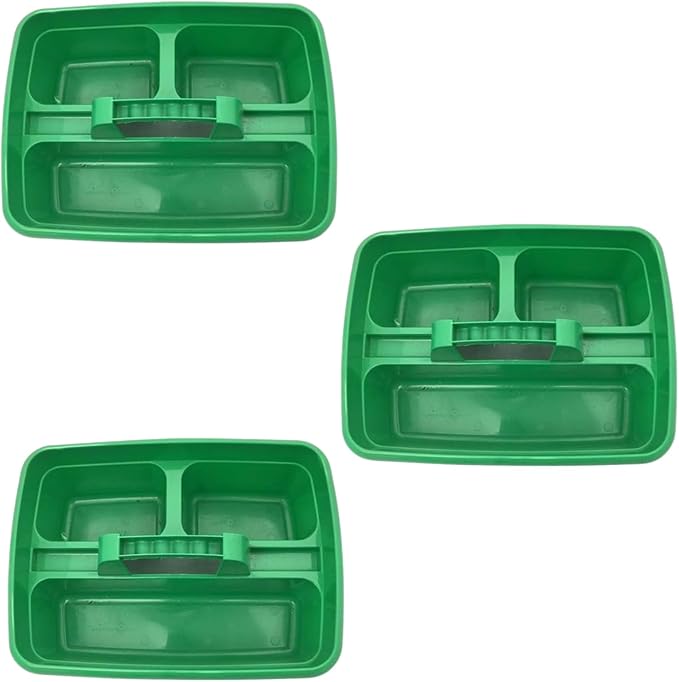 Green Color Caddy Tray – 12" x 15" 3 Compartment Polypropylene Carrying Container with Handle – Cleaning Tool Storage Caddy – Colour Coded – For Home Garden Equestrian