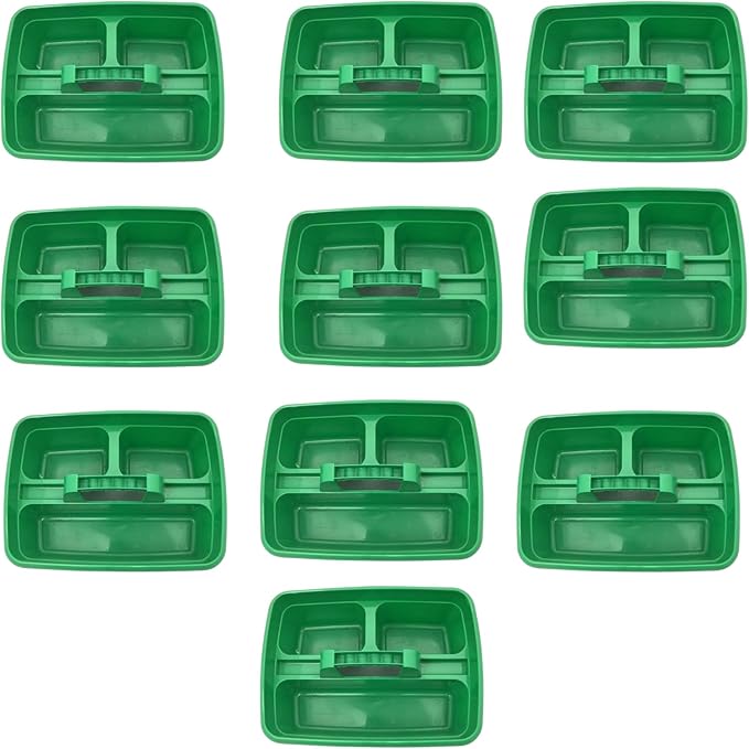 Green Color Caddy Tray – 12" x 15" 3 Compartment Polypropylene Carrying Container with Handle – Cleaning Tool Storage Caddy – Colour Coded – For Home Garden Equestrian