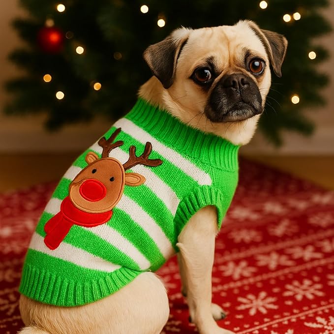 Green & White Reindeer Christmas Jumper for Dogs – Festive Knitted Pet Sweater with Rudolph Design, Soft & Cozy Winter Outfit