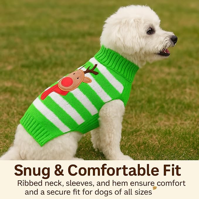Green & White Reindeer Christmas Jumper for Dogs – Festive Knitted Pet Sweater with Rudolph Design, Soft & Cozy Winter Outfit