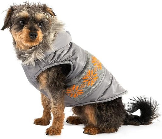 Ancol Nordic Dog Coat Grey Cold Weather Protection Weather Resistant Fleece Lining Fur Trimmed Hood Nordic Pattern Pet Puppy Apparel - XL - Length 60cm / Girth 72-88cm