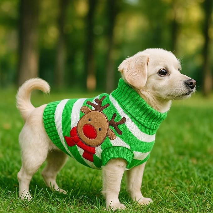 Green & White Reindeer Christmas Jumper for Dogs – Festive Knitted Pet Sweater with Rudolph Design, Soft & Cozy Winter Outfit