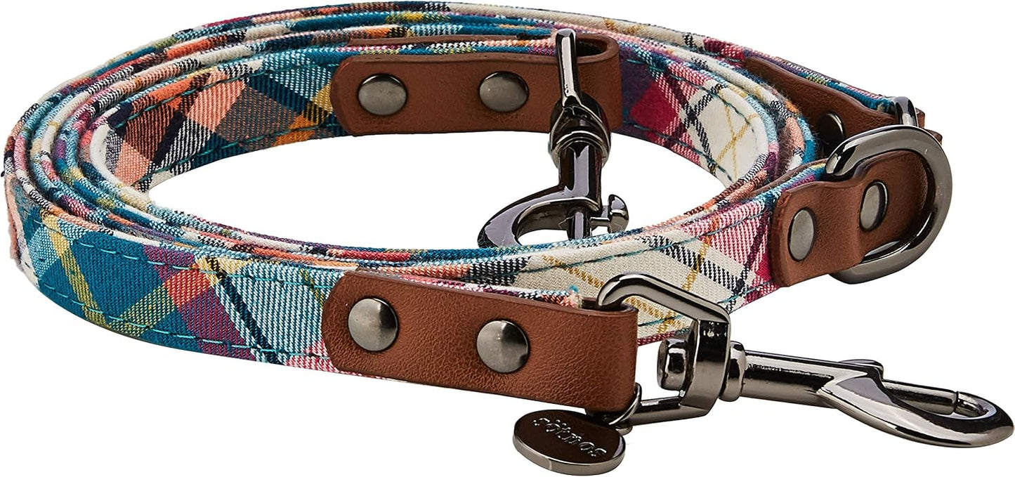 Puppy Tartan Nylon Dog Lead with Bow Collars, Brown, 1.5 x 120cm