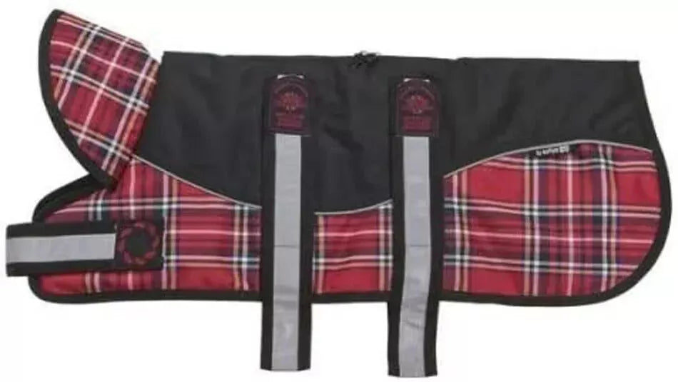 Dog Coat Outhwaite Padded Water Proof over Harness Tartan Red Black 22" / 56cm