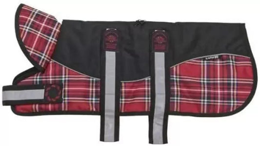 Dog Coat Outhwaite Padded Water Proof over Harness Tartan Red Black 22" / 56cm