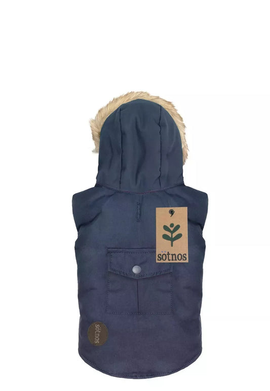 Sotnos Fur Trim Parka Dog Coat, Navy, Large back length 43cm